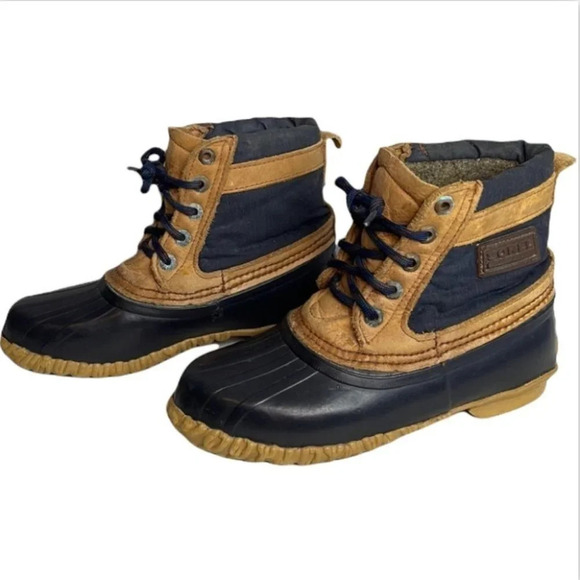 SOREL VINTAGE Duck Boots Navy Brown Leather Lined Ankle Lace Up Gorpcore Size 6 - Picture 2 of 14